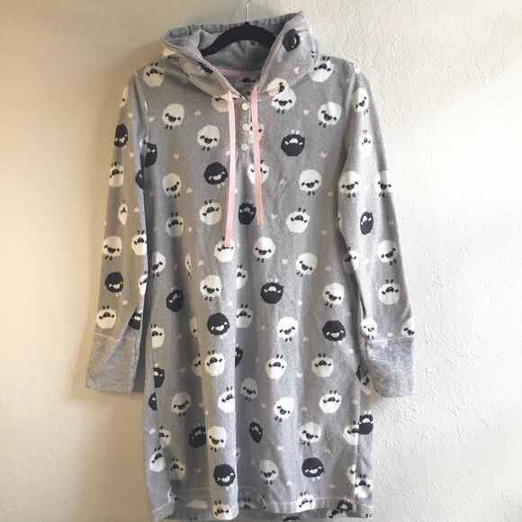 Hooded with ears fleecey pullover pj sheep pattern all over long nightshirt M - Picture 2 of 8